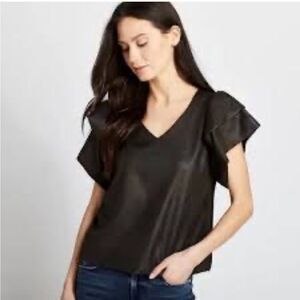 Anthropologie DREW Foil Suede Dark Green Tiered Ruffle Sleeves Size Large